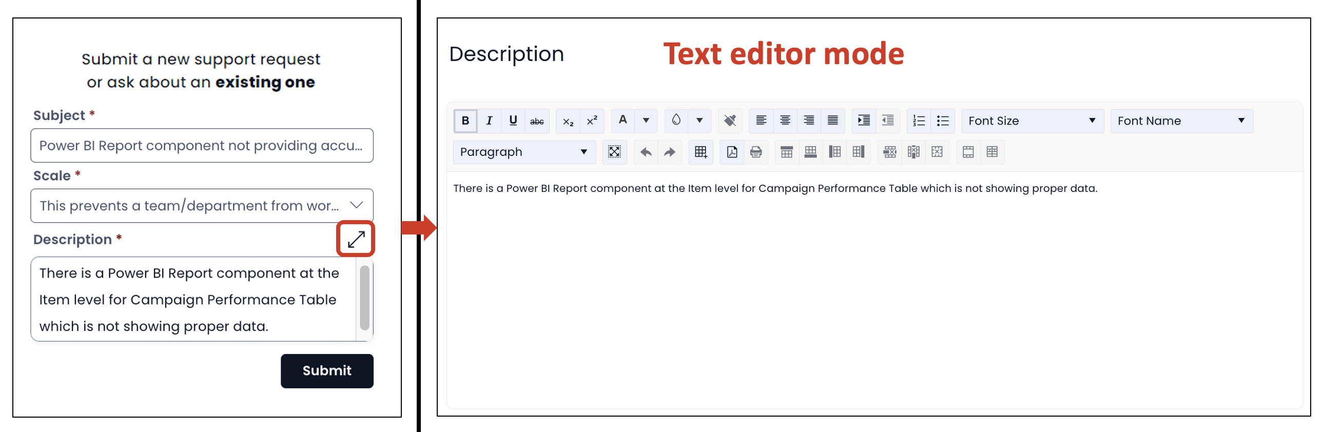 Image showing how to enter text editor mode for Description field